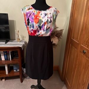 Colorful Floral Blouse with Black Skirt Dress
